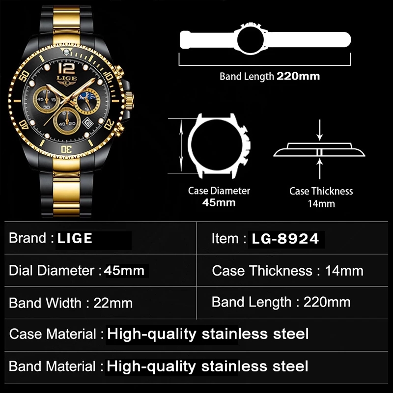 LIGE Fashion Black Gold Clock  - огляд і ціна Luxury Watch Gold And Black